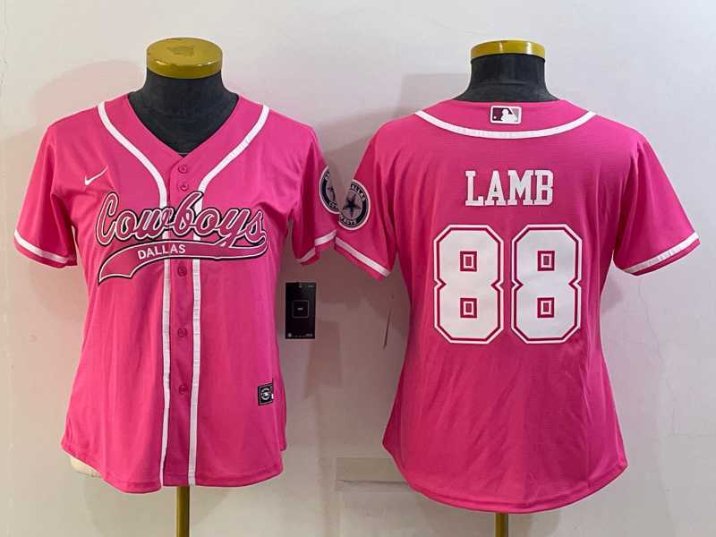 Womens Dallas Cowboys #88 CeeDee Lamb Pink With Patch Cool Base Stitched Baseball Jersey
